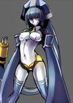  android blazblue blue_legwear breasts covered_nipples detached_sleeves electric_plug kaneaki_mukku large_breasts minerva_(blazblue) red_eyes sleeves_past_wrists solo standing thighhighs 