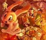  autumn_leaves chao_(sonic) charmy_bee cheese_(sonic) closed_eyes cream_the_rabbit crocodilian eating espio_the_chameleon food fork from_above fruit furry gloves open_mouth outstretched_hand plate rasein sitting smile sonic_the_hedgehog standing vanilla_the_rabbit vector_the_crocodile 