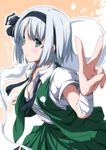  bandaged_arm bandages breasts cleavage from_side ghost green_eyes hairband highres konpaku_youmu konpaku_youmu_(ghost) leaning_forward looking_at_viewer looking_to_the_side nori_tamago parted_lips short_hair silver_hair small_breasts touhou translated v 
