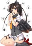  akasaai akizuki_(kantai_collection) black_hair blue_eyes boots eating food grey_footwear headband kantai_collection microskirt onigiri ponytail school_uniform seiza serafuku sitting skirt torpedo 