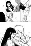  1girl arm_hug bandaged_arm bandages blush comic couple forehead-to-forehead greyscale happy hetero hyuuga_hinata long_hair monochrome naruto naruto_(series) short_hair silent_comic smile uzumaki_naruto wasabi_(legemd) 