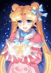  :d bangs bishoujo_senshi_sailor_moon blonde_hair blue_background blue_bow blue_eyes blue_ribbon bow bowtie buttons coat double_bun fur_trim gloves hair_ribbon highres long_hair nashi_juni open_mouth parted_bangs ribbon smile solo sparkle tsukino_usagi twintails very_long_hair white_gloves winter_clothes winter_coat 