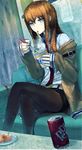  absurdres can crossed_legs cup_ramen dr_pepper eating food fork fura highres jacket legwear_under_shorts long_hair makise_kurisu noodles pantyhose shorts sitting solo steins;gate 