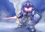  blue_destiny_01 chibi energy_sword fire gundam gundam_side_story:_the_blue_destiny mecha nire_nanaki shield smoke sword weapon 