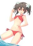  bad_id bad_twitter_id bikini black_hair breasts cowboy_shot cutie_panther hair_ornament hair_twirling hajime_kaname highres jpeg_artifacts love_live! love_live!_school_idol_project navel red_eyes side-tie_bikini simple_background small_breasts solo swimsuit twintails wading water white_background yazawa_nico 