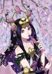  black_hair blurry collarbone depth_of_field detached_sleeves duel_monster fan folding_fan frostcyco headgear highres holding long_hair looking_at_viewer petals purple_eyes solo talaya_princess_of_cherry_blossoms yuu-gi-ou 