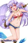  :d animal_ears bikini_top blush breasts cleavage cuffs fang front-tie_top fur_collar fur_trim long_hair looking_at_viewer magia_break medium_breasts miyamae_porin navel official_art open_fly open_mouth paws purple_hair red_eyes shackles shiny shiny_skin short_shorts shorts simple_background smile solo tail unzipped very_long_hair white_background 