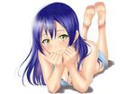  barefoot bikini blue_hair chin_rest feet foreshortening full_body legs_up long_hair looking_at_viewer love_live! love_live!_school_idol_project lying muffin_(sirumeria) on_stomach smile soles solo sonoda_umi swimsuit the_pose toes yellow_eyes 