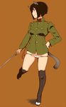  animal_ears black_eyes black_hair em etou_toshiko full_body grin holding jacket katana kneehighs long_sleeves military military_uniform orange_background pubic_hair short_hair sideways_mouth simple_background smile solo sword tail uniform weapon world_witches_series 