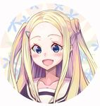  :d blonde_hair blue_eyes collarbone fangs frostcyco hair_bun hair_ornament hairclip hana_n_fountainstand hanayamata highres long_hair looking_at_viewer open_mouth school_uniform serafuku smile solo two_side_up 