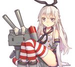  anchor_hair_ornament arm_support bad_id bad_pixiv_id bare_shoulders between_thighs black_eyes blonde_hair elbow_gloves gloves hair_ornament hairband kantai_collection kibanda_gohan long_hair looking_at_viewer microskirt rensouhou-chan school_uniform serafuku shimakaze_(kantai_collection) simple_background sitting skirt solo striped thighhighs torpedo white_background white_gloves 