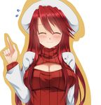  ^_^ aki_(aki_sh9) aty_(summon_night) blush breasts cleavage cleavage_cutout closed_eyes hat large_breasts long_hair meme_attire open-chest_sweater red_hair ribbed_sweater smile solo summon_night summon_night_3 sweater turtleneck 