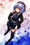  alternate_costume bad_id bad_pixiv_id black_legwear black_skirt blue_hair braid from_above full_body garter_straps highres izayoi_sakuya long_sleeves looking_at_viewer looking_up necktie pink_neckwear pleated_skirt red_eyes s-syogo short_braid short_hair single_braid skirt smile solo standing striped thighhighs thighs touhou vertical_stripes 