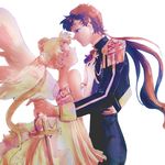  alternate_costume angel_wings bare_shoulders bishoujo_senshi_sailor_moon blonde_hair brown_hair closed_eyes colored_eyelashes couple dress epaulettes formal gloves hoshiai_tora long_hair low_ponytail multiple_girls nape princess_serenity rapier seiya_kou strapless strapless_dress sword tsukino_usagi twintails uniform weapon white_dress white_gloves wings yuri 