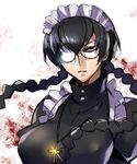  black_hair black_lagoon braid breasts crazy_eyes cross cross_necklace glasses half_opaque_glasses jewelry kaneaki_mukku large_breasts long_hair maid maid_headdress necklace one_eye_covered opaque_glasses roberta_(black_lagoon) round_eyewear solo twin_braids 