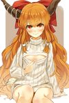  alternate_costume blush bow breasts cleavage_cutout hair_bow highres horns ibuki_suika long_hair looking_at_viewer meme_attire nishiuri open-chest_sweater orange_eyes orange_hair pointy_ears revision simple_background small_breasts smile solo sweater touhou turtleneck very_long_hair 