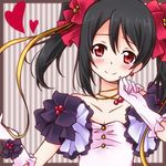  bare_shoulders black_hair blush border collarbone flat_chest gloves hair_ribbon heart looking_at_viewer love_live! love_live!_school_idol_project lowres nora-toro pink_gloves red_eyes ribbon smile solo striped striped_background twintails upper_body vertical-striped_background vertical_stripes yazawa_nico 