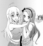  ahoge amami_haruka arm_on_shoulder belt blush breasts cowboy_shot greyscale hairband halftone halftone_background hoshii_miki idolmaster idolmaster_(classic) long_hair medium_breasts midriff minase_iori monochrome multiple_girls navel no.gomesu small_breasts 