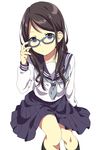  black_hair black_legwear blue-framed_eyewear glasses hand_on_eyewear highres kneehighs kotori_(gokigen_iori) long_hair looking_at_viewer original school_uniform serafuku simple_background skirt socks solo white_background 