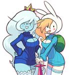  :p adventure_time animal_ears animal_hood backpack bag bangs blonde_hair blue_skin blush_stickers breasts bunny_ears cleavage_cutout crown curvy fionna_the_human_girl gashi-gashi genderswap genderswap_(mtf) grin hand_on_hip hood ice_queen large_breasts long_hair meme_attire multiple_girls open-chest_sweater planted_sword planted_weapon ribbed_sweater sharp_teeth silver_hair smile sweater sword teeth thick_thighs thighhighs thighs tongue tongue_out turtleneck very_long_hair weapon white_legwear wide_hips 