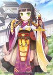  black_hair green_eyes hair_ornament hair_ribbon holding japanese_clothes jin_young-in long_hair looking_at_viewer moriah_saga original ribbon smile solo sword weapon 