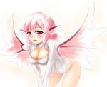  alternate_costume animal_ears ayatori_(aytr) blush breasts cleavage cleavage_cutout fang highres large_breasts looking_at_viewer meme_attire mystia_lorelei naked_sweater open-chest_sweater open_mouth pink_eyes pink_hair ribbed_sweater short_hair simple_background smile solo sweater touhou turtleneck wings 
