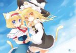  alice_margatroid animal_ears blonde_hair blue_eyes bow braid cat_ears cat_tail detached_sleeves dutch_angle hair_blowing hair_bow hair_ribbon hairband hat holding_hands interlocked_fingers kemonomimi_mode kirisame_marisa kuroki_mashiro lolita_hairband long_hair looking_at_viewer multiple_girls paw_pose ribbon short_hair single_braid smile tail touhou wind witch_hat yellow_eyes 