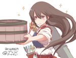  2014 akagi_(kantai_collection) arrow blush brown_eyes brown_gloves brown_hair chopsticks dated flight_deck food food_on_face gloves hakama_skirt japanese_clothes kantai_collection long_hair muneate ohitsu partly_fingerless_gloves pureji_oshou quiver red_skirt rice rice_on_face simple_background single_glove skirt solo sparkle tasuki twitter_username upper_body white_background yugake 