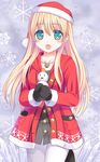  :d bangs blonde_hair blush buttons christmas green_eyes hat holding jewelry long_hair looking_at_viewer md5_mismatch mittens necklace open_mouth original pantyhose reindeer santa_hat sidelocks smile snowflakes snowman solo star tsukino_neru white_legwear 