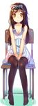  breasts brown_hair chair dress full_body hairband hands_on_lap long_hair mokyu orange_eyes sitting small_breasts solo thighhighs white_background 