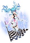  bad_id bad_pixiv_id blue_eyes blue_hair checkered checkered_flag elbow_gloves flag gloves goodsmile_company goodsmile_racing hatsune_miku headphones leotard long_hair race_queen racing_miku racing_miku_(2014) smile solo twintails vocaloid 