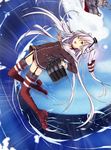  absurdres amatsukaze_(kantai_collection) bad_id bad_pixiv_id black_panties blue_sky brown_dress brown_eyes choker day dress erimu garter_straps hair_tubes headgear high_heels highres kantai_collection long_hair machinery neckerchief ocean open_mouth panties pantyshot red_legwear rensouhou-kun sailor_collar sailor_dress see-through silver_hair sky striped striped_legwear thighhighs two_side_up underwear waves 