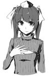  breast_conscious breasts greyscale hat himekaidou_hatate kamukamu_(ars) long_hair meme_attire monochrome open-chest_sweater ribbed_sweater sad small_breasts solo sweater tokin_hat touhou turtleneck twintails 