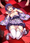  blue_hair breasts breasts_outside checkered checkered_floor hand_on_own_chest highres japanese_clothes kimono long_hair love_live! love_live!_school_idol_project lying medium_breasts microphone nipples on_back open_clothes open_kimono open_mouth panties panty_pull saliva saliva_trail sandals side-tie_panties solo_focus sonoda_umi sweat thighhighs tongue underwear windart yellow_eyes 