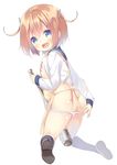  apron ass baseball_bat blue_eyes blush brown_hair denki-gai_no_hon'ya-san flat_chest fu-girl nipples no_pants open_mouth panties panty_pull school_uniform serafuku sharp_teeth shirt_lift short_hair solo teeth underwear white_panties yuizaki_kazuya 