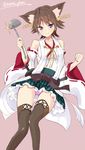  &gt;:) animal_ears bad_id bad_pixiv_id blue_eyes boots breasts brown_hair cleavage clenched_hand frilled_skirt frills hiei_(kantai_collection) japanese_clothes kantai_collection kemonomimi_mode ladle medium_breasts panties pantyshot plaid plaid_skirt ribbon ribbon-trimmed_sleeves ribbon_trim short_hair skirt smile solo sparkle takehana_note thigh_boots thighhighs twitter_username underwear v-shaped_eyebrows 