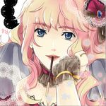  blonde_hair blue_eyes doily face food head_rest looking_at_viewer macross macross_frontier mouth_hold pocky sheryl_nome wavy_hair yurimami 