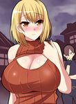  1boy 1girl ashley_graham blonde_hair blush breasts brown_hair cleavage huge_breasts leon_s_kennedy megane_man open-chest_sweater resident_evil resident_evil_4 sweater 