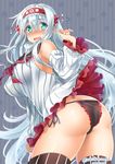  bare_shoulders black_panties blush breasts cosplay detached_sleeves dress hairband highres kantai_collection large_breasts long_hair okitakung panties ribbed_dress seaport_hime seaport_hime_(cosplay) shoukaku_(kantai_collection) sideboob silver_hair solo underwear 