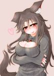  animal_ears bad_id bad_pixiv_id blush breast_hold breasts brown_hair cleavage cleavage_cutout crossed_arms fang heart highres imaizumi_kagerou jewelry large_breasts long_hair looking_at_viewer meme_attire nama_shirasu open-chest_sweater open_mouth pink_background red_eyes simple_background solo sweater tail tail_wagging touhou wolf_ears wolf_tail 