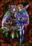  2girls angel blonde_hair blood blood_tears bloody_tears bone bones boots cross dress facial_mark facial_marking facial_tattoo feathers female long_hair multiple_girls ninomae original ribbon silver_hair skeleton smile tattoo tears wings 