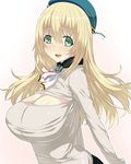  atago_(kantai_collection) bad_id bad_pixiv_id blonde_hair breasts cleavage_cutout green_eyes hat kameneji kantai_collection large_breasts long_hair meme_attire open-chest_sweater pantyhose smile solo sweater turtleneck white_background 