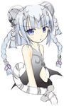  :o bare_shoulders bat_wings blue_eyes blush bow braid double_bun hair_ornament haku_(p&amp;d) lolicon_ippikioukami long_hair navel open_mouth partially_colored puzzle_&amp;_dragons silver_hair simple_background solo tail tail_bow tiger_tail twin_braids v-shaped_eyebrows white_background wings 