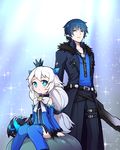  1boy 1girl belt black_pants blue blue_background blue_eyes blue_hair blue_legwear blue_skirt blue_sleeves bow brooch choker ciel_(elsword) claws coat crown demon_power_(elsword) detached_sleeves elsword expressionless gloves jewelry long_hair low-tied_long_hair luciela_r._sourcream mini_crown pants ribbon shirt single_glove sitting skirt sparkle standing sword symbol-shaped_pupils thighhighs waero weapon white_hair zettai_ryouiki 