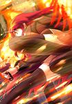  alastor_(shakugan_no_shana) bassa black_legwear fire from_below highres jewelry katana long_hair pendant red_eyes red_hair shakugan_no_shana shana skirt speed_lines sword thighhighs weapon 