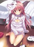  alternate_costume barefoot bed blanket blush bra breasts cleavage_cutout covering covering_crotch face_mask fox_mask hata_no_kokoro highres jewelry long_hair long_sleeves looking_at_viewer mask meme_attire necklace no_pants open-chest_sweater open_mouth panties pendant pillow pink_bra pink_eyes pink_hair pink_panties rasahan ribbed_sweater see-through sitting small_breasts solo star sweater touhou turtleneck underwear very_long_hair 