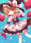  balloon blonde_hair bow braid checkered checkered_background flower hair_bow hat highres jewelry kirisame_marisa long_hair nanahamu necklace pearl pearl_necklace ribbon solo star touhou witch_hat yellow_eyes 