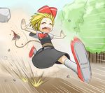  bad_id bad_pixiv_id banned_artist blonde_hair blood closed_eyes day dress fangs happy laughing okahi open_mouth outdoors outstretched_arms ribbon rope rumia running shoes short_hair sin_sack solo_focus touhou 