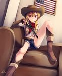  american_flag blonde_hair boots couch cowboy_hat dreadtie fang flag gun handgun hat highres jessica_jefferson legs looking_at_viewer navel original picture_frame red_eyes revolver shorts signature sitting smile solo spread_legs weapon western 