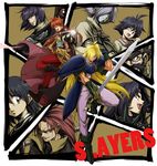  6+boys ahoge amelia_wil_tesla_seyruun armor black_hair blonde_hair boots brown_background cape chaos_dragon_garv choker copyright_name earrings everyone facial_hair gloves gourry_gabriev green_eyes grey_hair hair_over_one_eye hellmaster_phibrizzo itouei jewelry lina_inverse long_hair magic md5_mismatch multiple_boys multiple_girls mustache naga_the_serpent one_eye_closed orange_hair pants pauldrons philionel_el_di_seyruun pink_choker purple_hair shirt short_hair slayers sword v weapon xelloss zelgadiss_graywords 